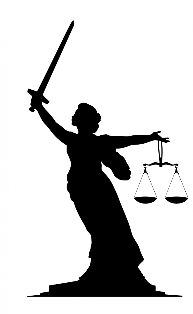 Silhouette of woman brandishing sword and holding scales